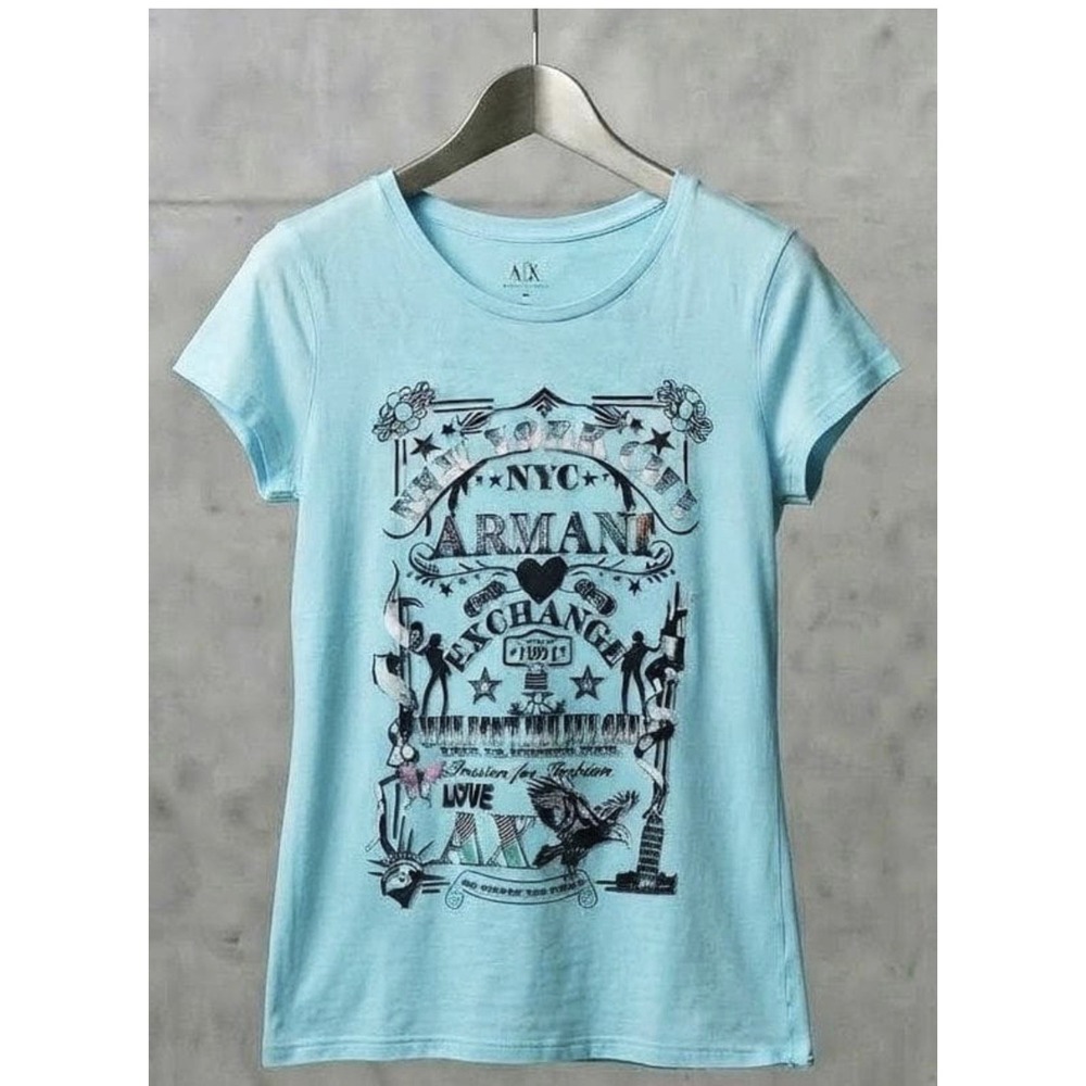 Armani Exchange Y2K NYC Tee Womens Lg Turquoise Blue Glam Short Sleeve
